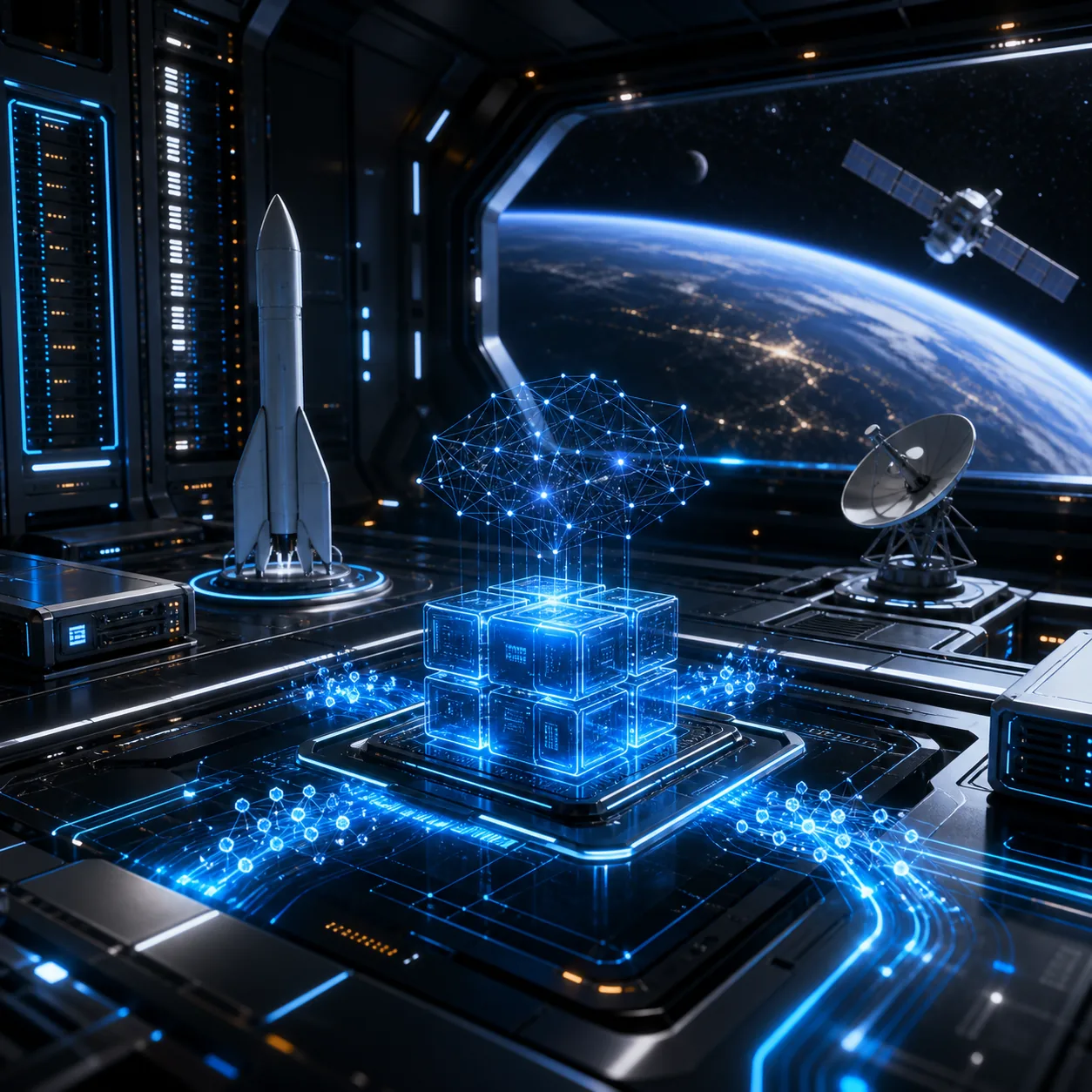 Orbital server bay representing Groktronix AI compute billing