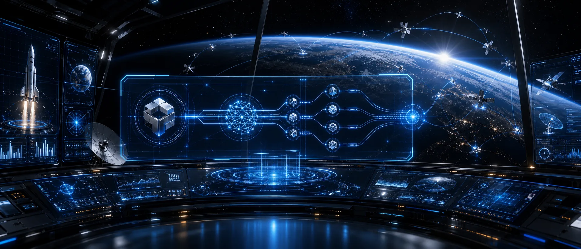 Orbital command interface showing Groktronix payment routes around Earth