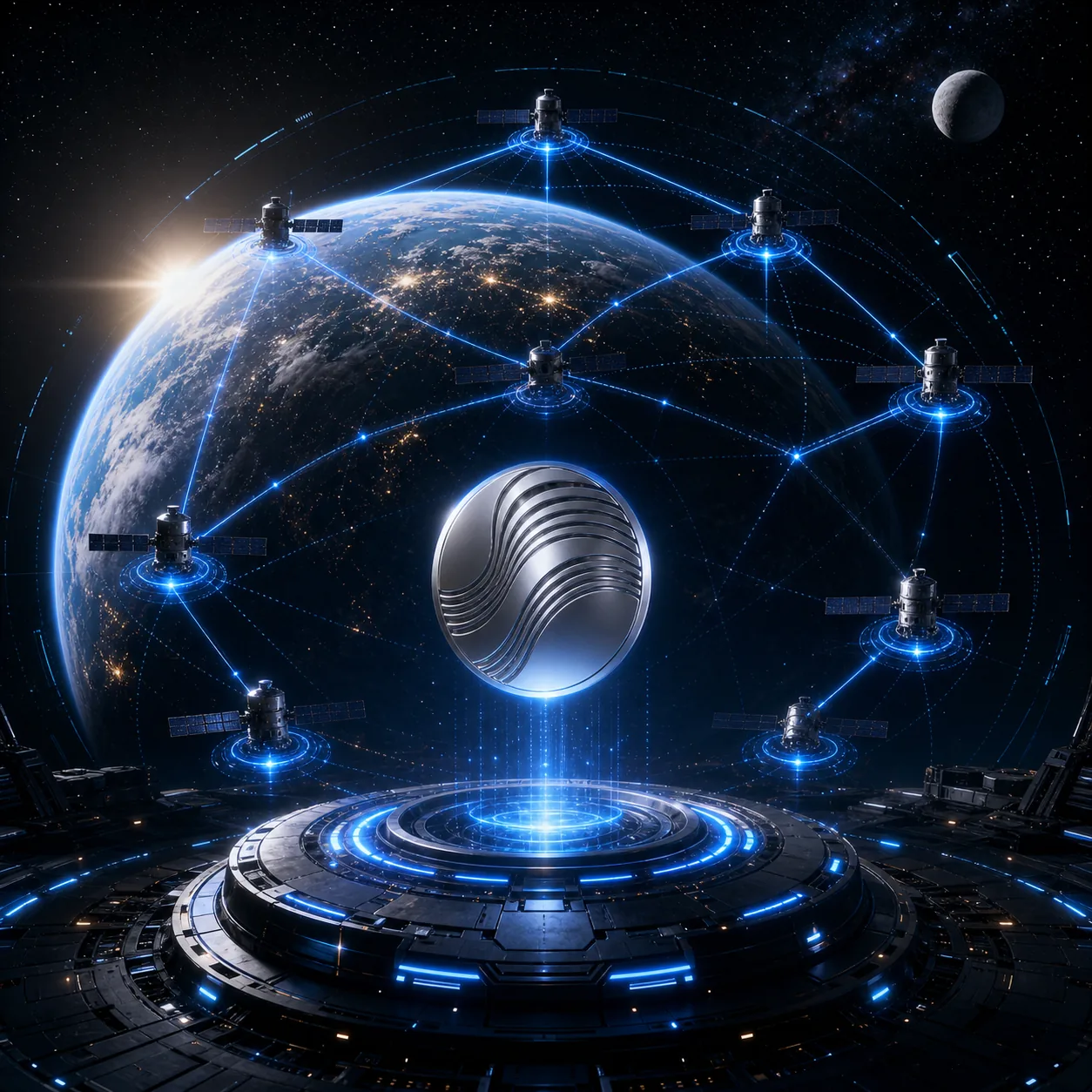 Satellite network around Earth representing Groktronix multi-chain settlement